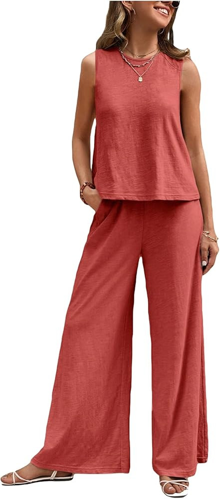 Verdusa Women's 2 Piece Outfit Loose Tank Top and Wide Leg Pants Sets | Amazon (US)