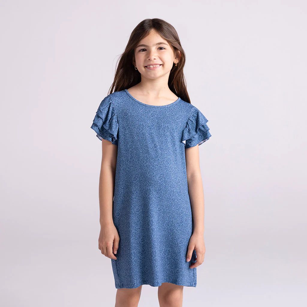 Denim Blue Ruffled Sleeve Girl Shift Dress | Indigo Denim | Posh Peanut