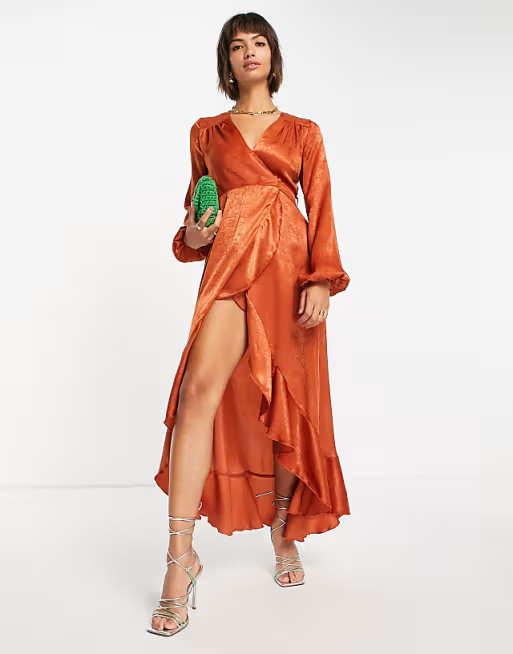 Flounce London satin long sleeve wrap maxi dress in cinnamon | ASOS | ASOS (Global)