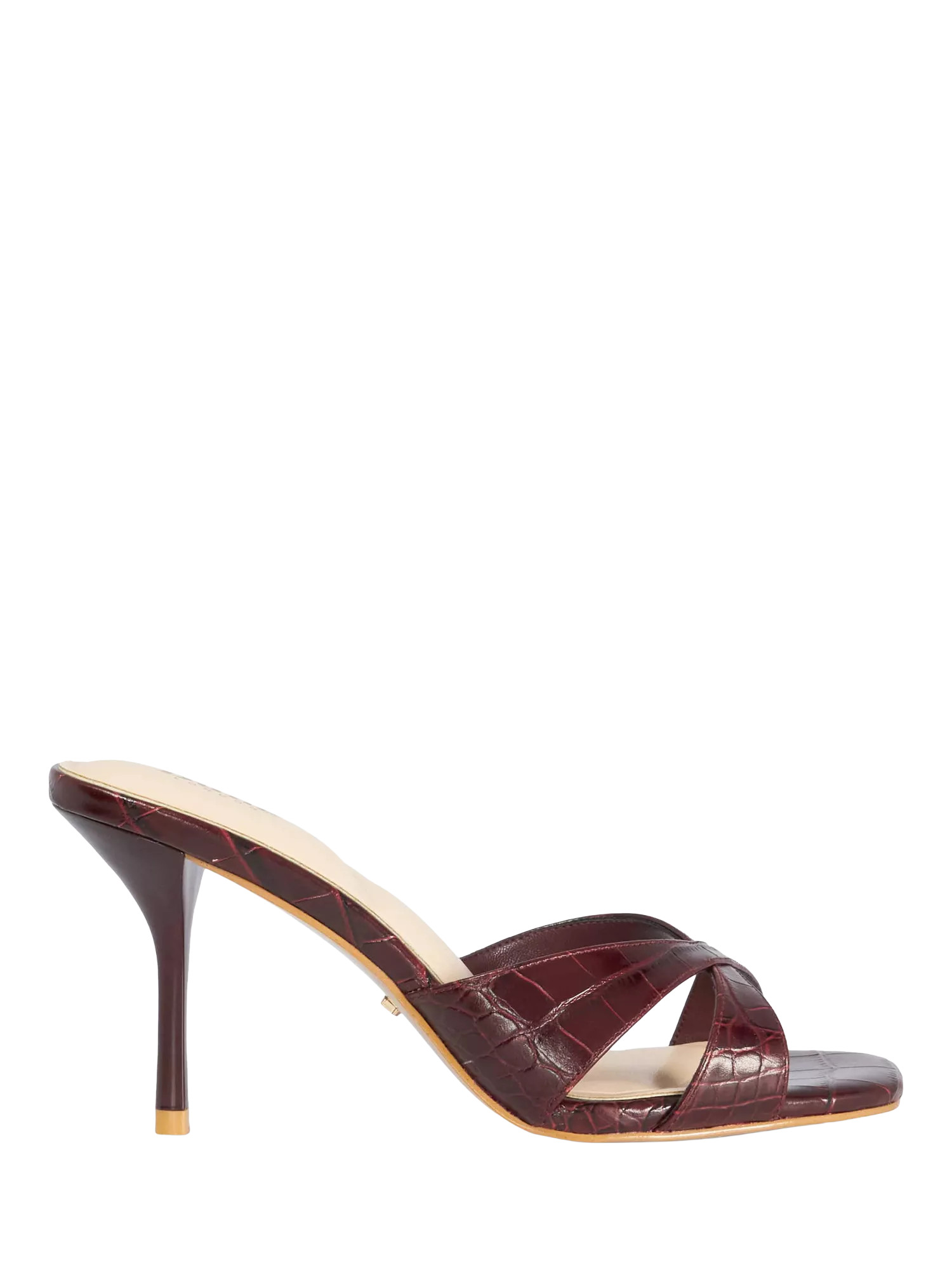 Dune London Mavina Cross Strap Leather Stiletto Heel Mule Sandals, Burgundy | John Lewis (UK)