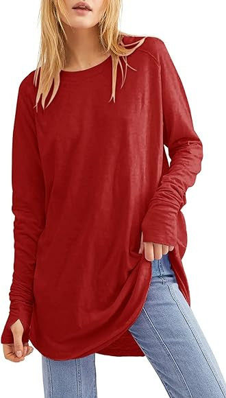 Fisoew Women's Casual Long Sleeve Tops Crew Neck Round Hem Loose T-Shirts Tunic Tops with Thumb H... | Amazon (US)