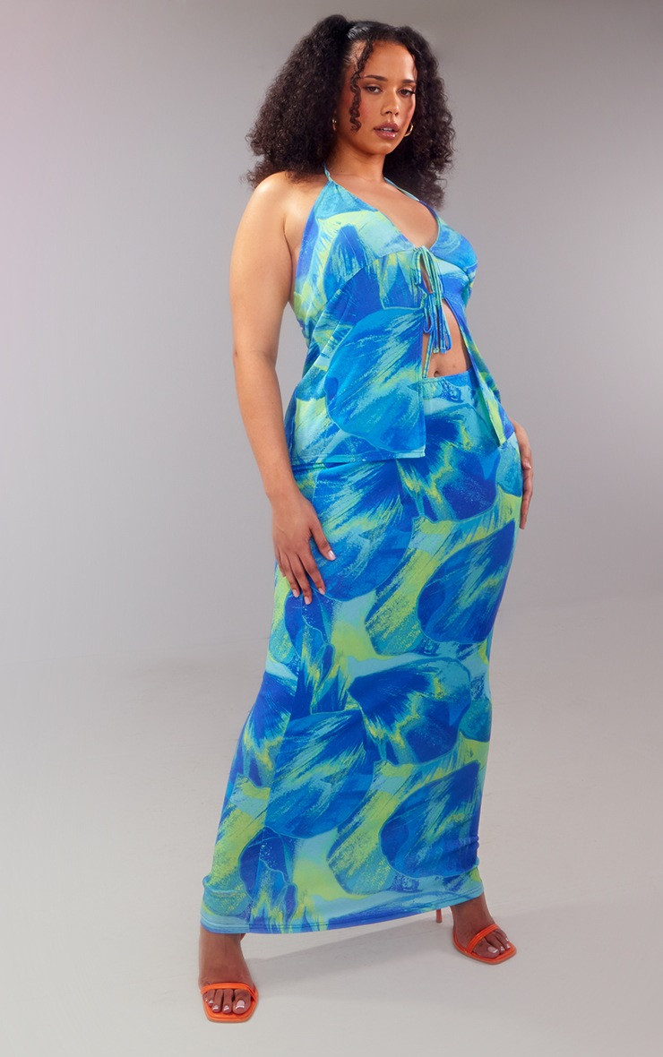 Plus Blue Abstract Floral Burn Out Printed Tie Detail Crop Top | PrettyLittleThing US