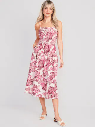 Waist-Defined Floral Linen-Blend Smocked Midi Cami Dress for Women | Old Navy (US)
