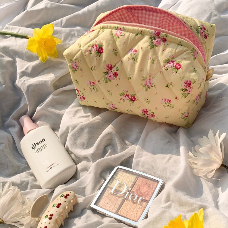 Yellow Floral Pattern With Pink Gingham  Lining Quilted Cosmetic Bag - Handmade In The UK – Toi... | Etsy (US)