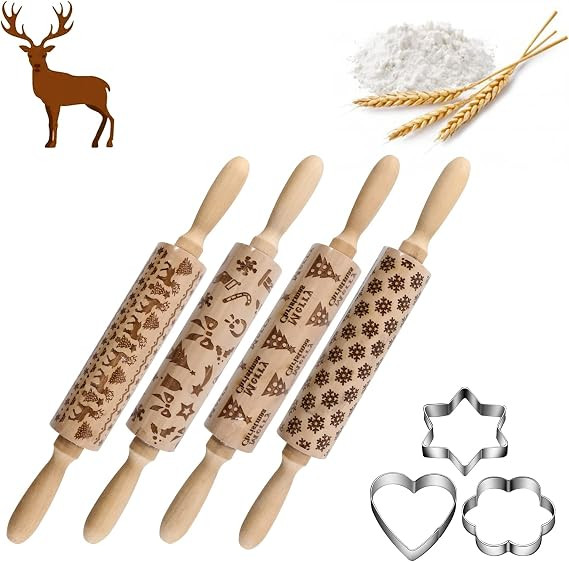 4Pack Christmas Wooden 3D Rolling Pins Embossed, Embossing Rolling Pin with Engraved Christmas Th... | Amazon (US)