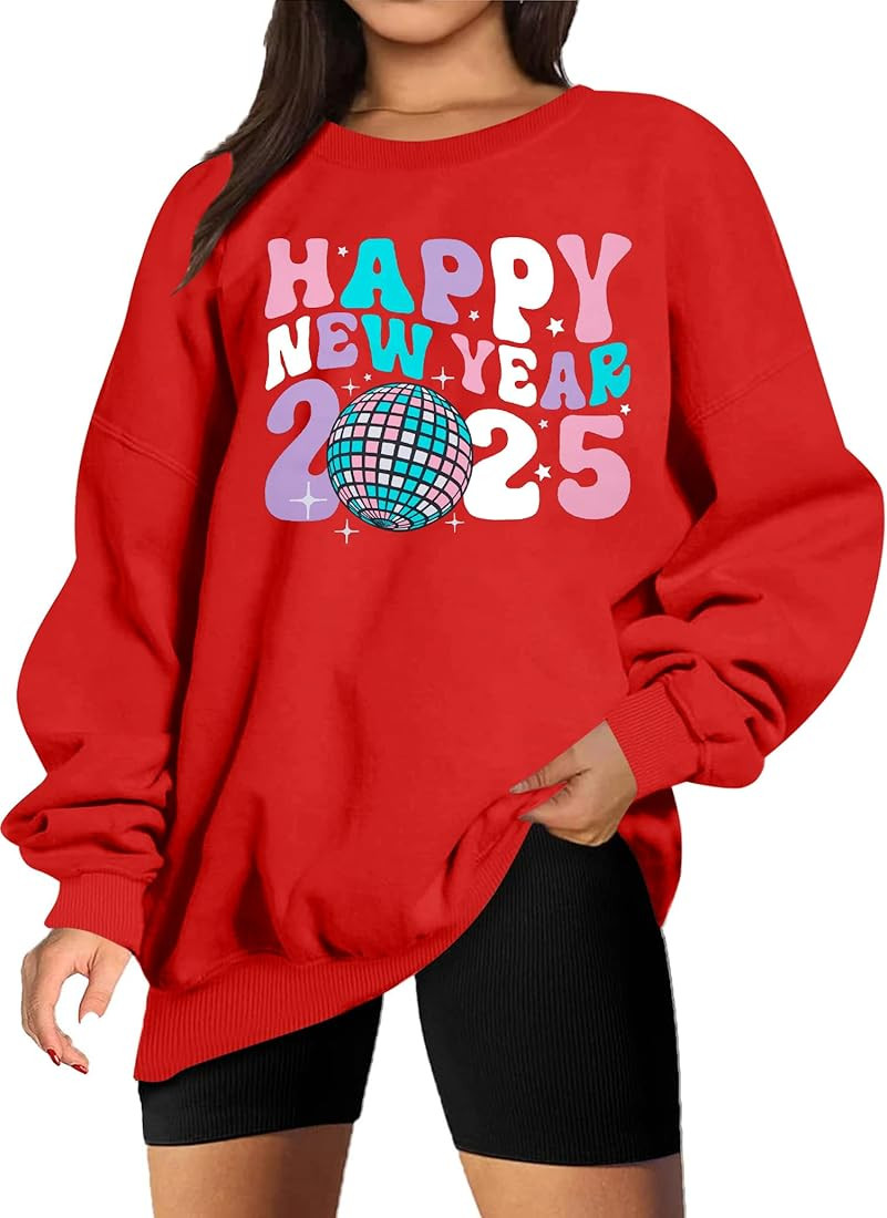 MYHALF Happy New Year Sweatshirt for Women 2025 Christmas Holiday Pullover Shirts Casual Crewneck... | Amazon (US)