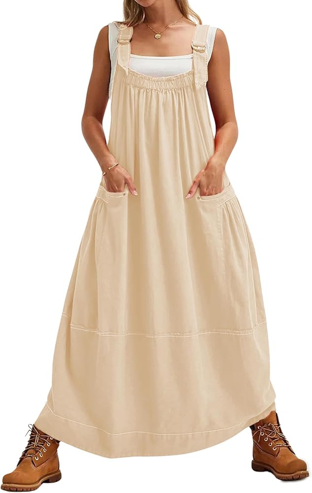 Yeokou Womens Overall Dress Cotton Barrel Midi Travel Dress Loose Fit Adjustable Straps Big Pocke... | Amazon (US)