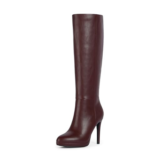 Modatope Burgundy Platform Tall Boots for Women Stiletto Heel Round Toe Knee High Boots Side Zipper Long Boots Size 6.5 | Amazon (US)