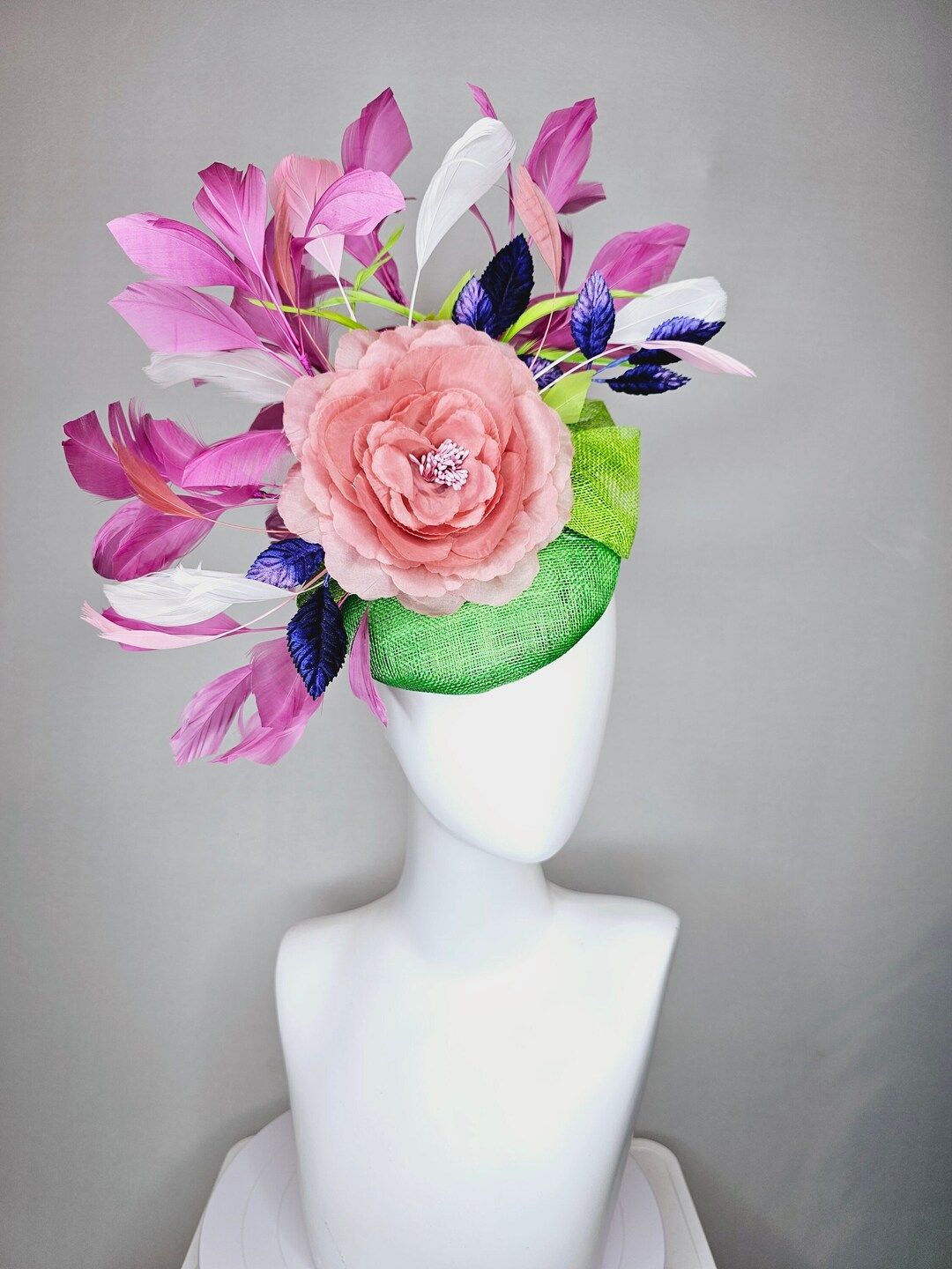Kentucky Derby Hat Fascinator Lime Green Sinamay Peach Pink Silk Flower Pink Purple White Feather... | Etsy (US)