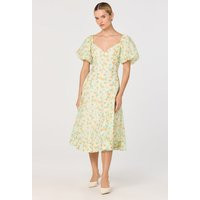 ASTR the Label | Mayra Floral Plissé Puff Sleeve Midi Dress in Yellow multi floral | Size L | ASTR The Label (US)