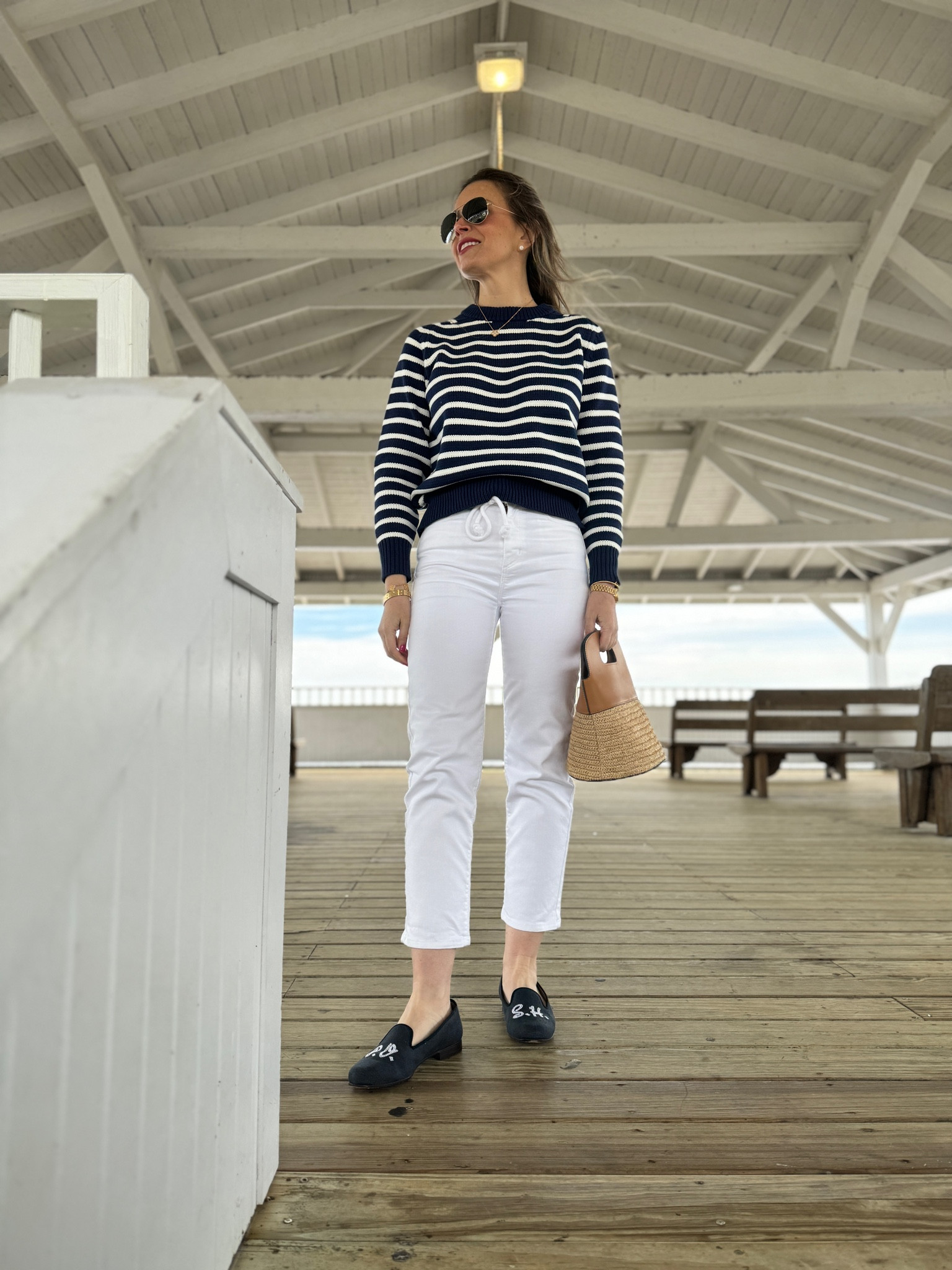 ⚓️ Riding the style wave 🌊 with this classic nautical stripe sweater. It’s under $50 and the perfect spring day sweater or chilly summer night piece to throw over your shoulders.

⚓️ I paired it with $33 classic white denim pants, the cutest rattan bow 🎀 you ever did see, and these adorable @stubbsandwootton slippers 🥿 which are so quintessentially me — POSH! 💁🏼‍♀️

#LTKfindsunder50 #LTKshoecrush #LTKSeasonal