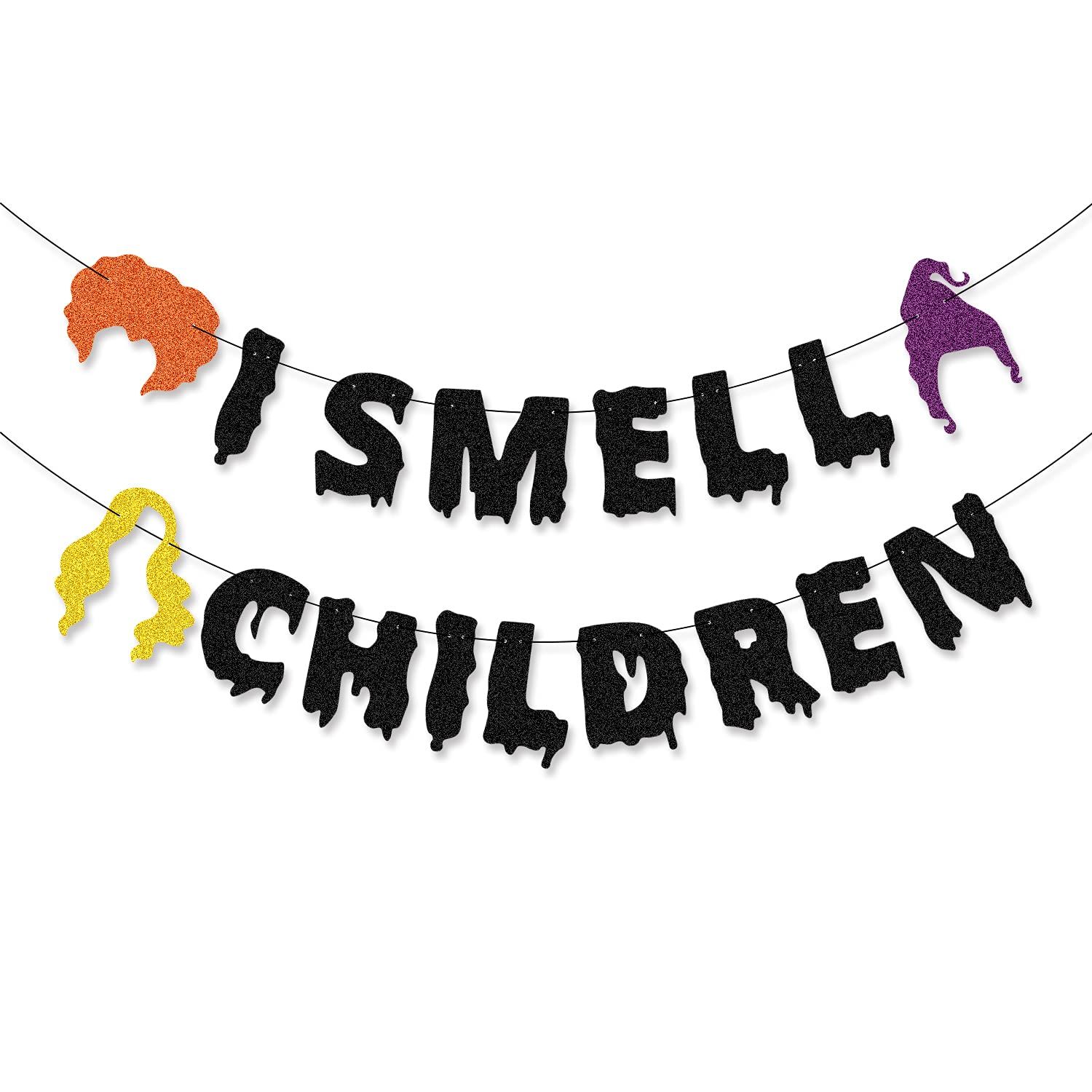 JOZON Black Glittery I Smell Children Banner with Witch Signs for Halloween Party Decorations Hallow | Amazon (US)