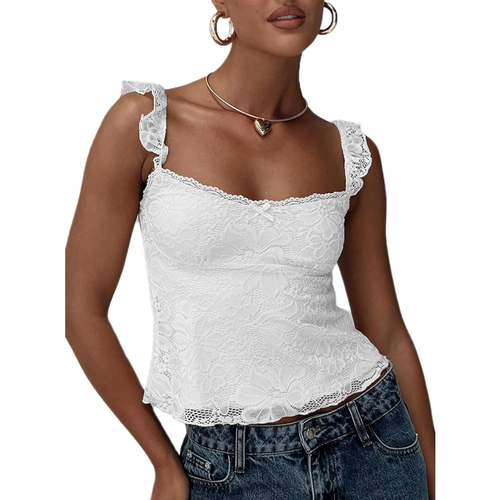 Women Crop Lace Tank Tops Sleeveless Square Neck Going Out Tops Double Lined Y2K Slim Fit Cami Sh... | Amazon (US)