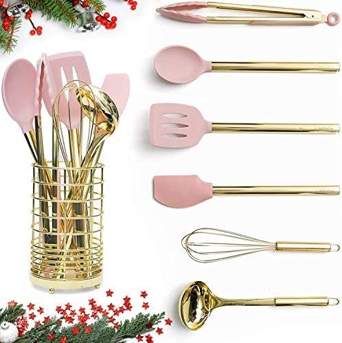 Gold & Pink Kitchen Utensil Set with Holder - Pink Cooking Utensils:Gold Whisk,Gold Ladle,Pink Sp... | Amazon (US)