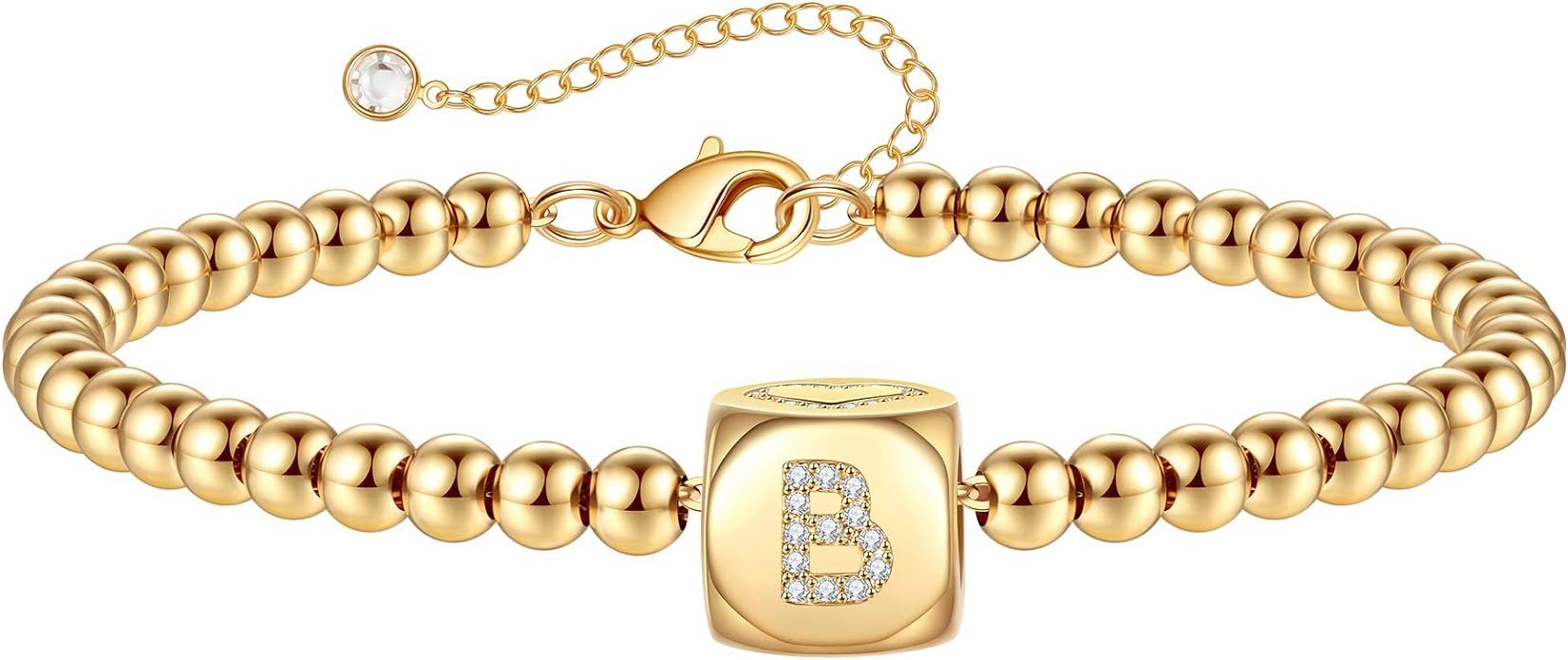 Gold Initial Bracelets for Women Girls, 14K Gold Plated Handmade Letter Bead Bracelet Personalize... | Amazon (US)