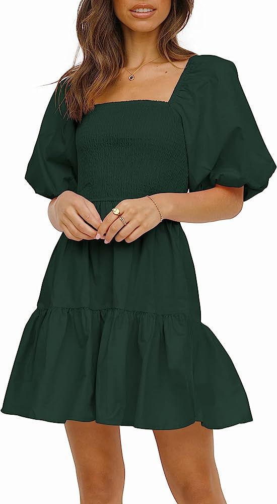 Atizon Women’s Summer Short Dress Smocked Square Neck Puff Sleeve Dress Vintage Off Shoulder A Line  | Amazon (US)