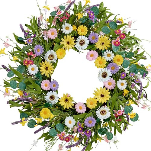 MAINGKAUNG Spring Wreath 22 Inch Artificial Summer Wreath with Yellow Daisy Flowers Green Eucalyptus Leaves Lavender Spring Wreaths for Front Door Home Farmhouse Porch Wall Easter Festival | Amazon (US)