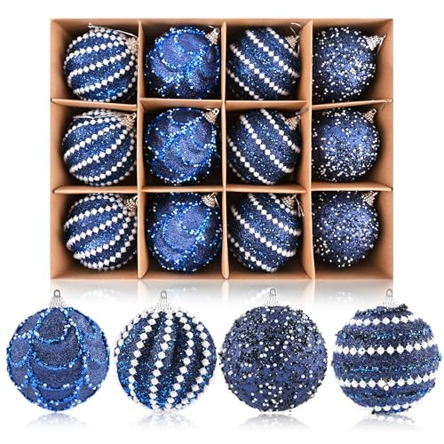 Glitter Christmas Balls Ornaments for Tree - Navy Blue Christmas Ornaments for Indoor Decorations - Shatterproof Foam Xmas Bulbs for Holiday Party Decor 80mm 3.15inch, Pack of 12 | Amazon (US)