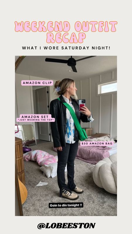 Weekend outfit recap!! Clip is Amazon, blue floral top is Amazon (part of a set), green bag is Amazon, pants/shoes & socks all linked too! (Jacket is thrifted)