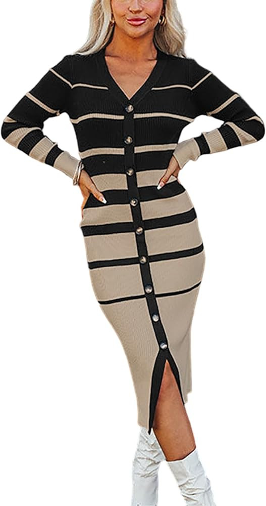 Women's Striped Sweater Dress 2025 Fall Long Sleeve V Neck Button Down Ribbed Knit Midi Bodycon P... | Amazon (US)
