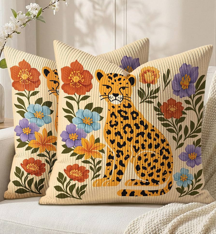Corduroy Throw Pillow Covers - Set of 2 Farmhouse Decorative Pillow Covers with Zipper Floral Pri... | Amazon (US)
