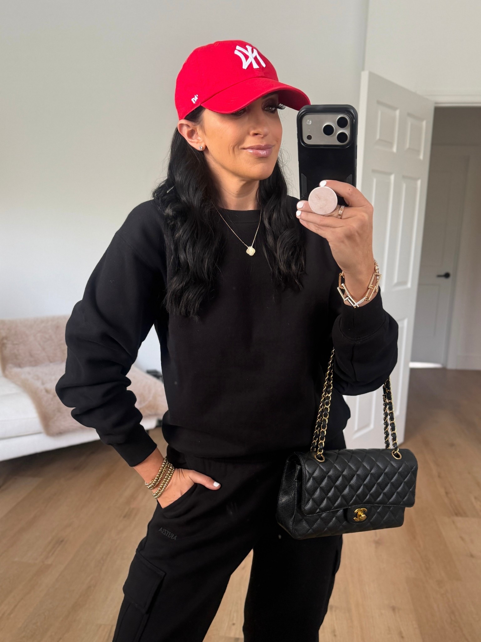 Cozy Sweatfleece Perfect Crew Sweatshirt wearing size small. Cozy Sweatfleece Mega Cargo™ Sweatpant wearing size small. 
