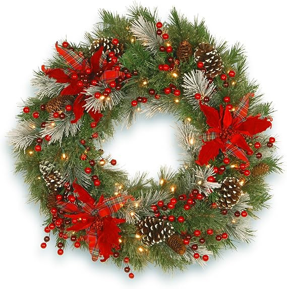 National Tree Company Pre-Lit Artificial Christmas Wreath, Green, Tartan Plaid, White Lights, Dec... | Amazon (US)