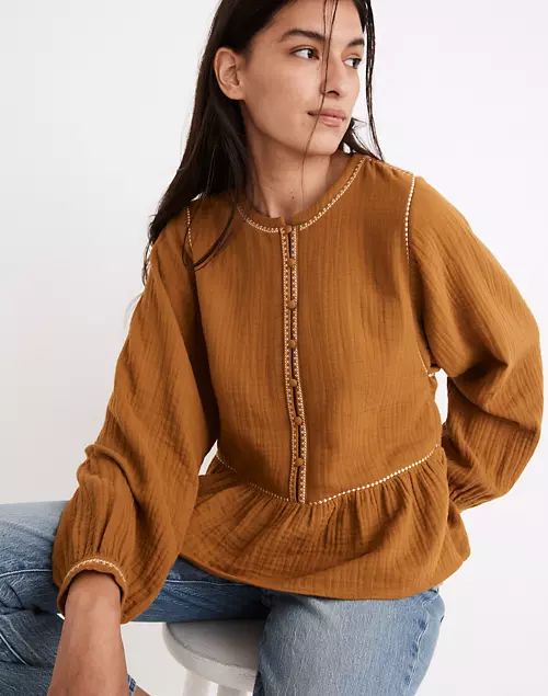 Embroidered-Trim Lightspun Covered-Button Top | Madewell