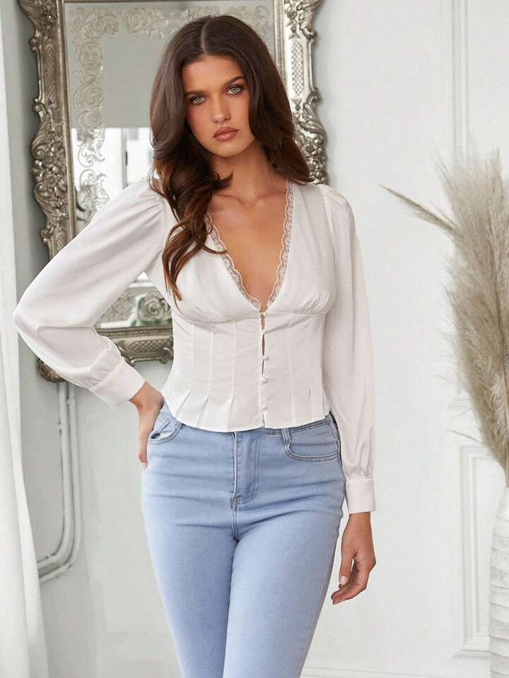 Forever 21 Frühling lässig weiß Satin Splice Spitze Trim Deep V-Ausschnitt Shirt mit Krawatte ... | SHEIN