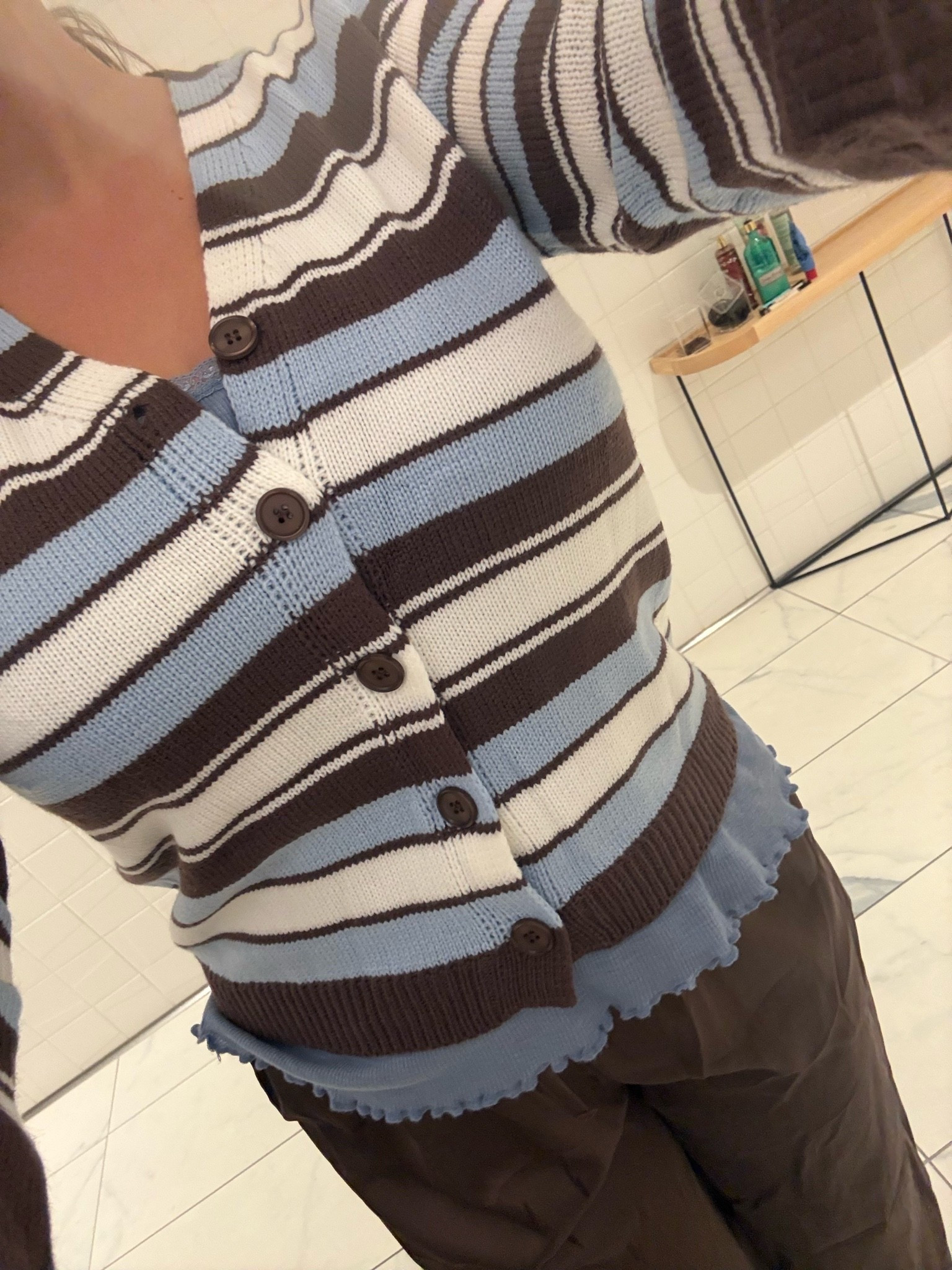 Blue and white and brown striped sweater
Amazon sweater
Brown satin pants for fall
Fall outfit ideas
Fall outfit inspiration 
Striped sweater
Fall work outfits
Work outfit ideas