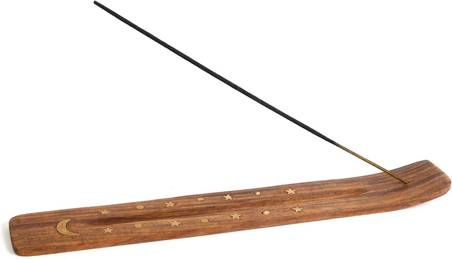 Wooden Incense Holder for Sticks with Inlays of Brass Crescent Moon 10 inches Long | Amazon (US)