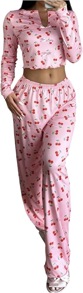 SOLY HUX Women's Sleepwear Cherry Pajamas Bowknot Long Sleeve Crop Top and Pants 2 Piece Lounge S... | Amazon (US)