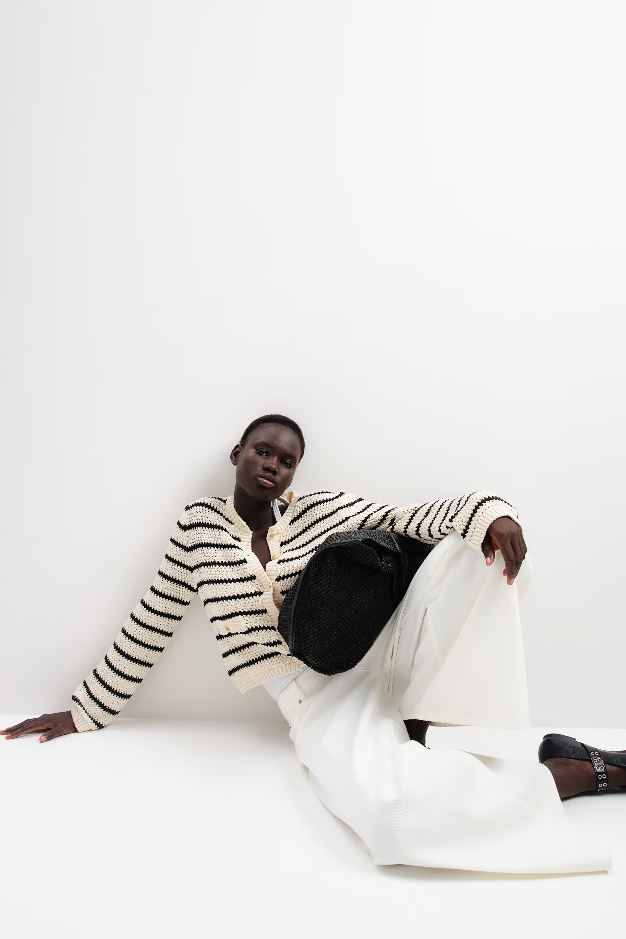 Textured-Knit Cardigan - Cream/black striped - Ladies | H&M US | H&M (US + CA)