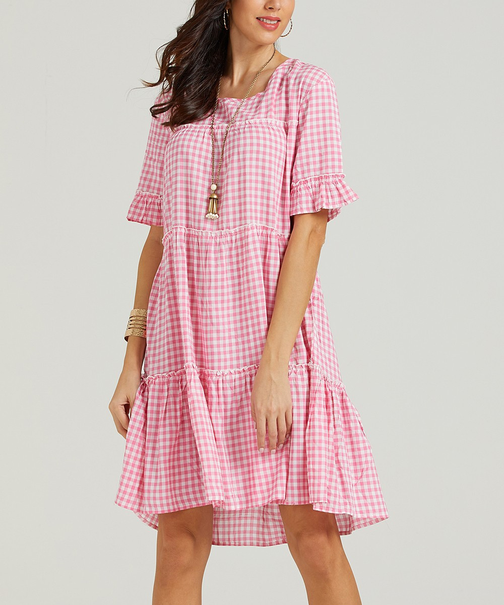 Suzanne Betro Dresses Women's Casual Dresses 101PINK/WHITE - Pink & White Gingham Tiered Shift Dress | Zulily