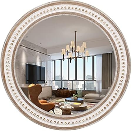 Reflinto 24" Round Decorative Wall Hanging Mirror,Rustic Distressed Natural Wooden Farmhouse Frame D | Amazon (US)
