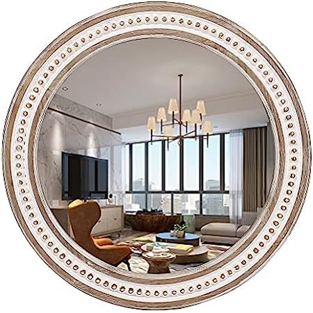 Reflinto 24" Round Decorative Wall Hanging Mirror,Rustic Distressed Natural Wooden Farmhouse Frame D | Amazon (US)
