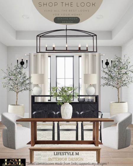 Transitional, modern farmhouse dining room idea. Wood dining table, fabric dining chairs, black weave seat dining chair, terracotta table vase, black console table, round table lamp, rectangle lantern chandelier, white terracotta tree planter pot, realistic faux fake olive tree, black lantern wall sconce light, white black out curtains, white rug, wood dining bench.

#LTKFind #LTKhome #LTKstyletip