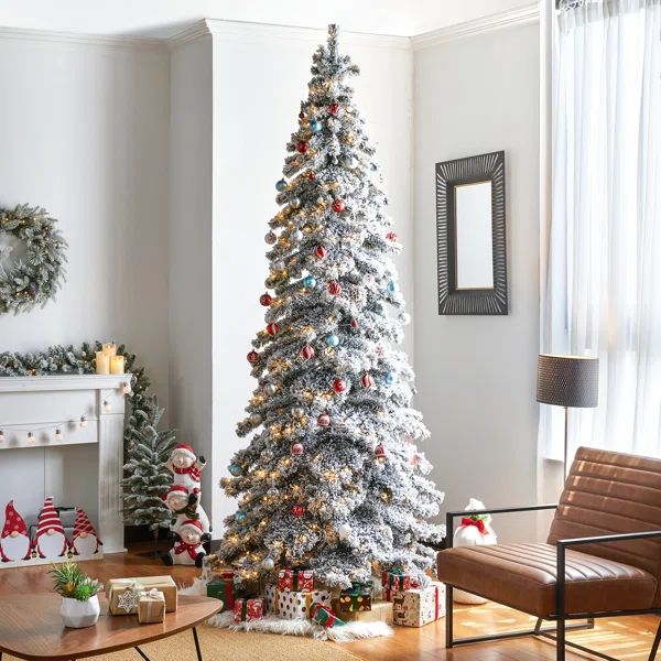 9ft Slender Flocked/Frosted Spruce Christmas Tree with 500 LED Lights | Wayfair North America