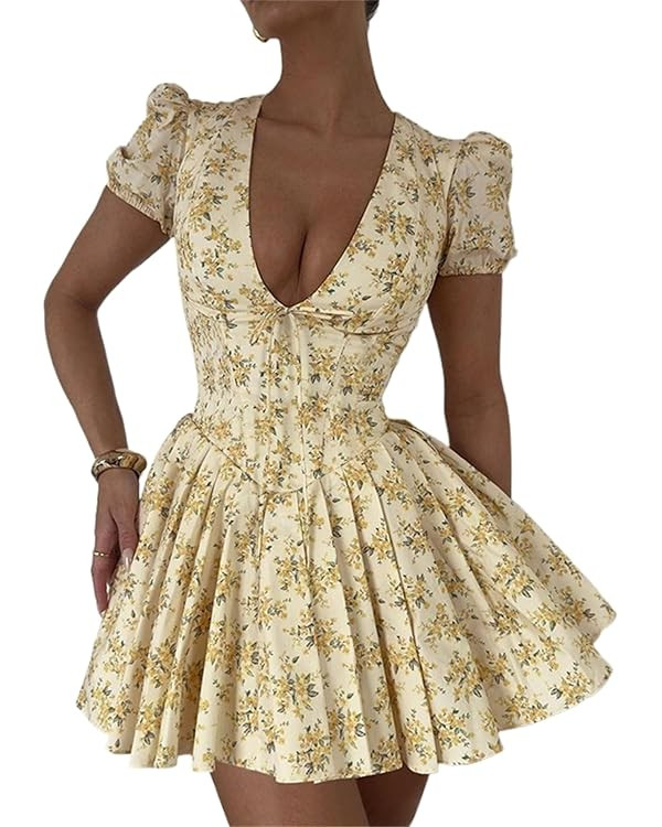 Floral Mini Dress Puff Sleeve Deep V Neck Pleated Dress Zipper Back Semi Formal Dinner Date Vacat... | Amazon (US)