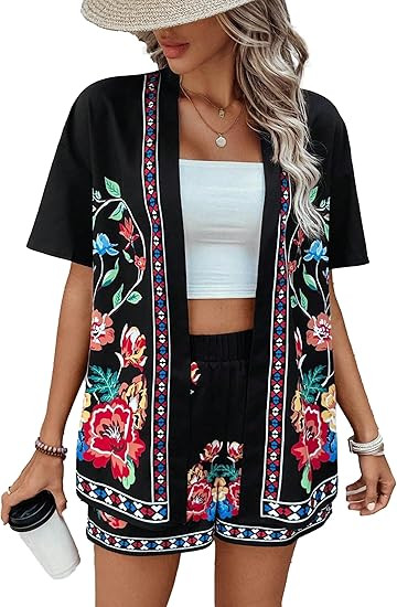 Women Boho Tropical Print Beach Cover Up Shorts Set 2 Piece Summer Lounge Outfit Lightweight Swim... | Amazon (US)