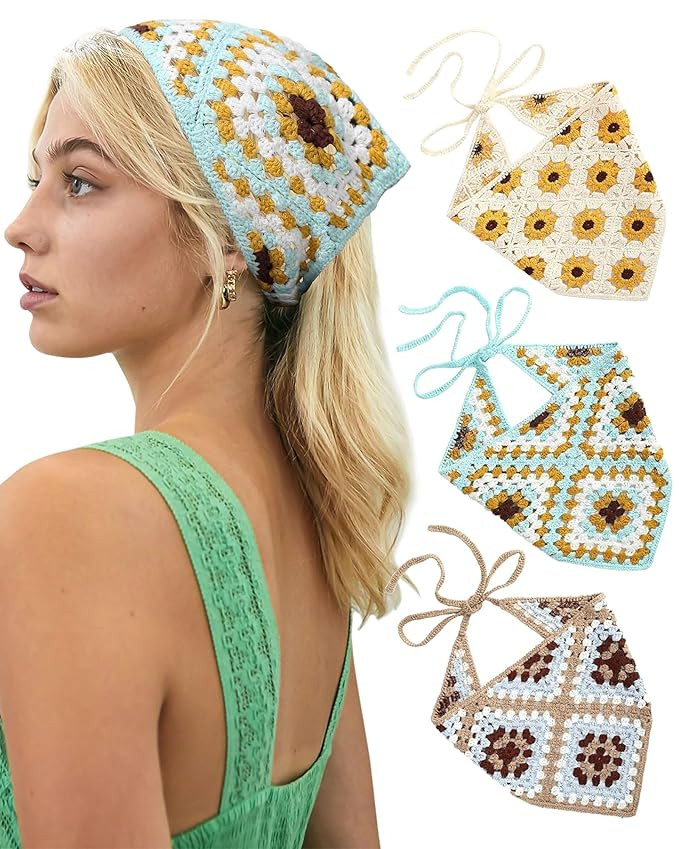 Molans Floral Bandanas Crochet Hair Scarf - 3Pcs Women Knitted Headscarf Daisy Headband Vintage H... | Amazon (US)