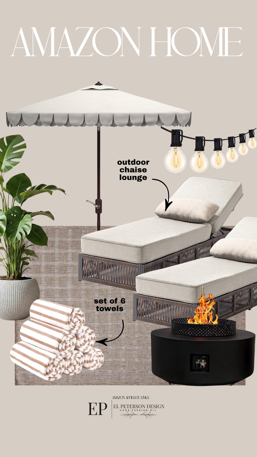 Amazon Outdoor
Area rug
Outdoor umbrella
Fire pit
Towels
Planter
String light 

#LTKHome