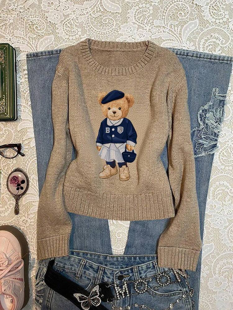 SHEIN EZwear Plus Size Women's Casual Brown Bear Graphic Sweater, Khaki Color Is Very Flattering! Suitable For Fall/Winter | SHEIN