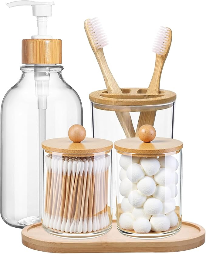 5 Pack Bamboo Bathroom Accessories Set with Tray - Plastic Soap Dispenser Clear Toothbrush Holder... | Amazon (US)