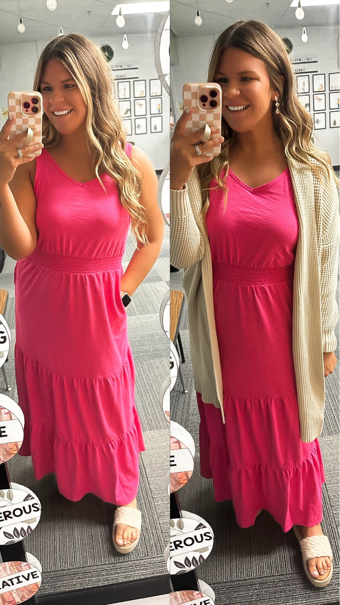 Teacher OOTD
• the best cardigan EVER
• tiered hot pink dress
• braided espadrille slides

#LTKworkwear #LTKshoecrush #LTKsalealert