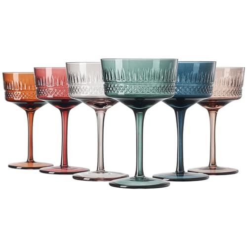 Khen Colored Vintage Art Deco Glasses - Martini, Margarita, Cocktail & Champagne Ribbed Glasses | Set of 6 | Cute Pastel Crystal Cocktails Glassware, Stemmed Glassware Gift - Vintage Coupe 9.6oz | Amazon (US)