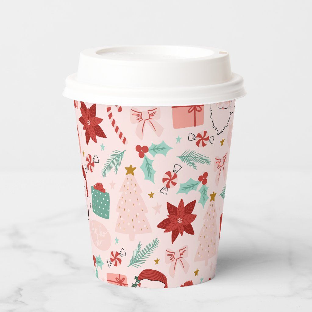Festive Pink Holiday Christmas Paper Cups 8 paper cups | Zazzle