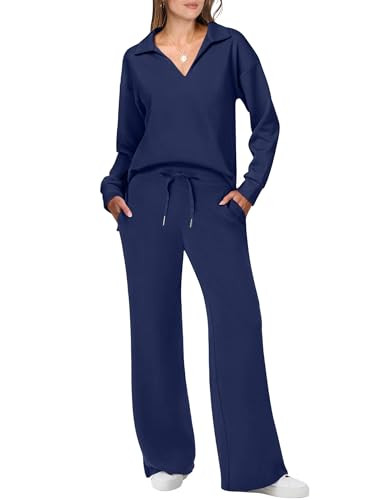 ANRABESS Women's 2 Piece Outfits Lounge Sets Casual Long Sleeve Sweatsuits Polo Top Wide Leg Pant... | Amazon (US)