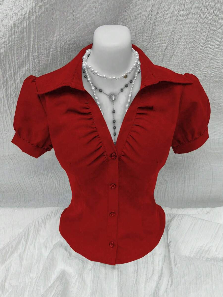 Sweetra V-Neck Ruched Bust Women Shirt, Fitted Short Sleeve Blouse (Consider Ordering One Size Up... | SHEIN