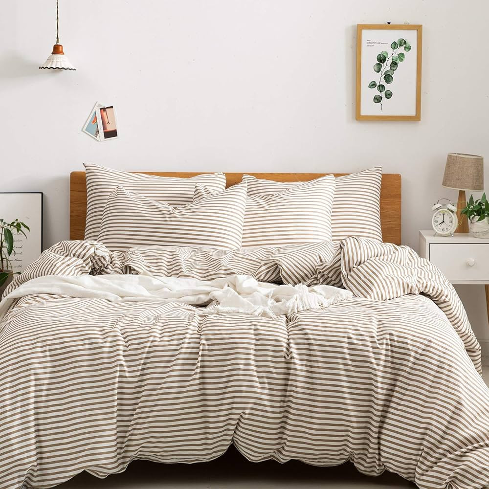 JELLYMONI 100% Natural Cotton 3pcs Striped Duvet Cover Sets,White Duvet Cover with Khaki Stripes ... | Amazon (US)